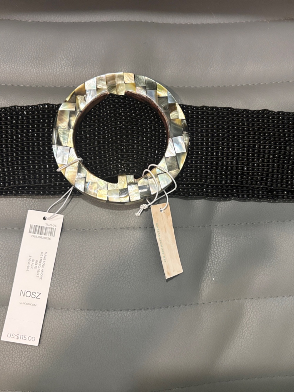 Chico's Black Beaded Stretch Belt with Iridescent Shell Ring